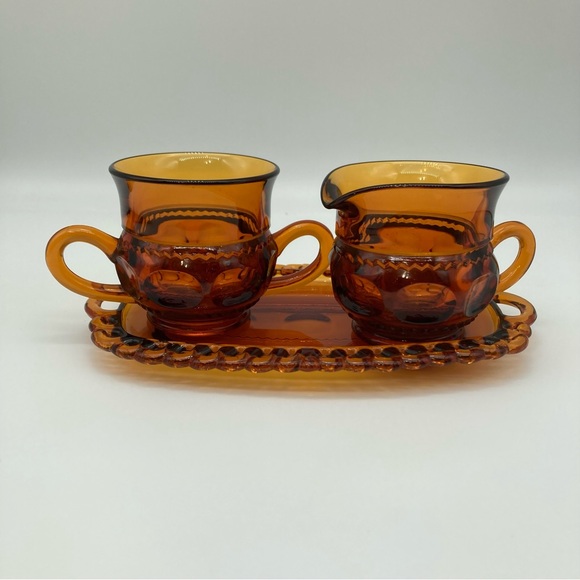 Vintage Colony Kings Crown Amber glass sugar bowl, creamer and tray - Picture 1 of 9
